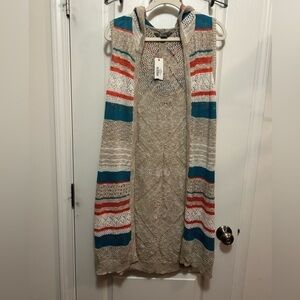 NWT Natural Reflections multi stripe crochet Knit Open Front Long Cardigan M